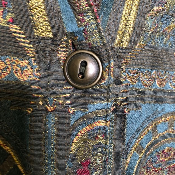 Vintage Chico's Silk Blend Button Up Top Jacket Small Green Blue Gold Pattern - Picture 8 of 15